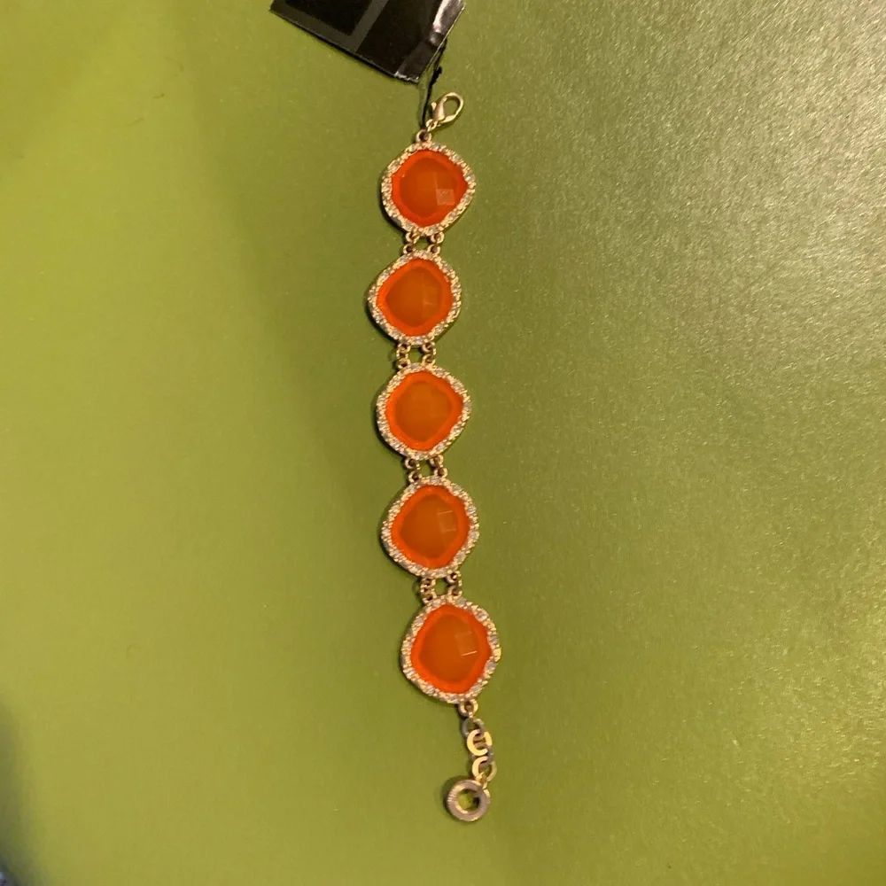 Rhinestones Embellished Chunky Bracelet Orange/Gold NWT Toggle Clasp Stones